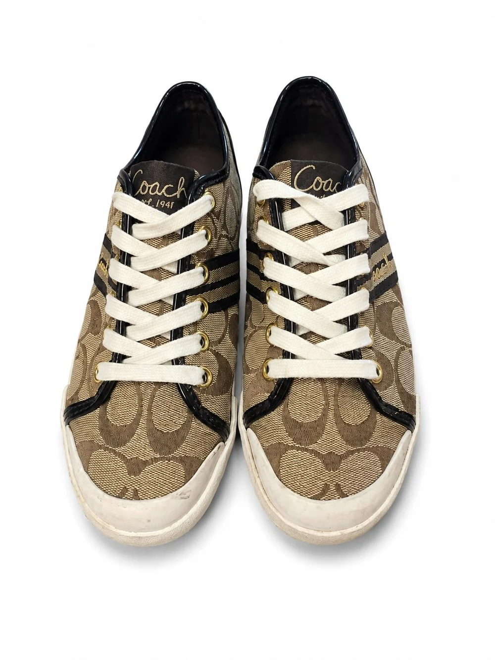 Coach Monogram Low-Top Sneakers in Brown, Cream & Black, Size 6